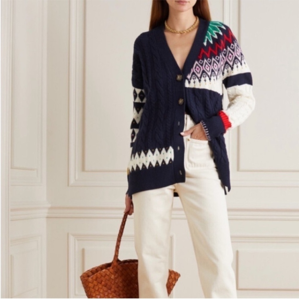 La Ligne Patchwork Fair Isle Cable Knit Wool Card… - image 2